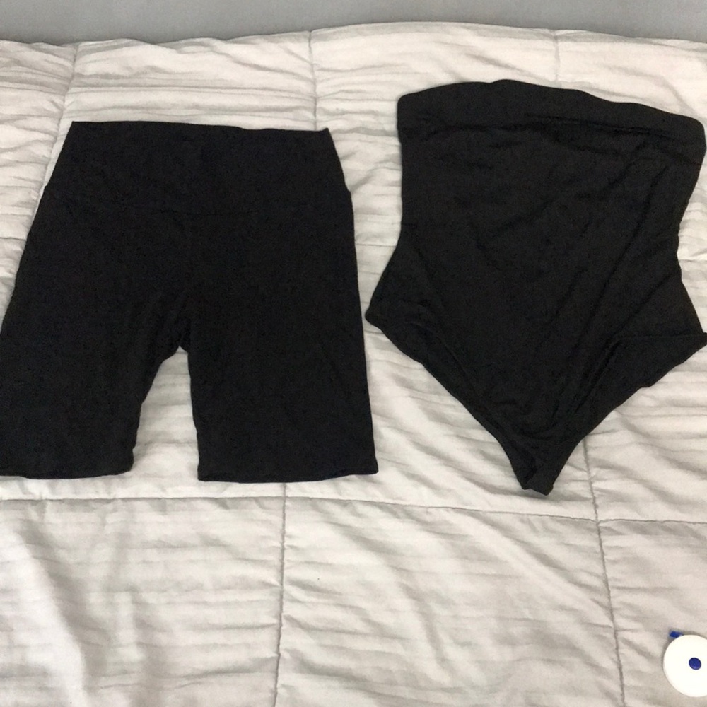 Black strapless body suit AND biker legging shorts